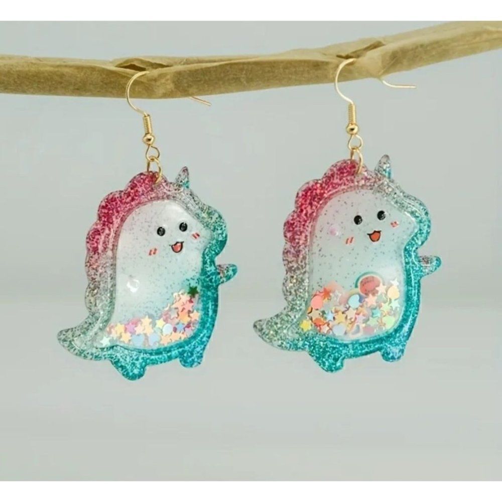 New! Adorable Dinocorn Quicksand Glitter Star Dangle Earrings! Dinosaur Unicorn